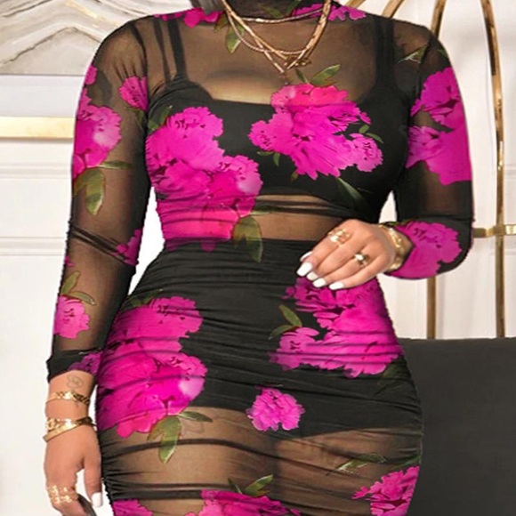 🔥Plus Size 3PCS Crop Top & Shorts Set With Floral Print Sheer Mesh Dress - Picture 2 of 4